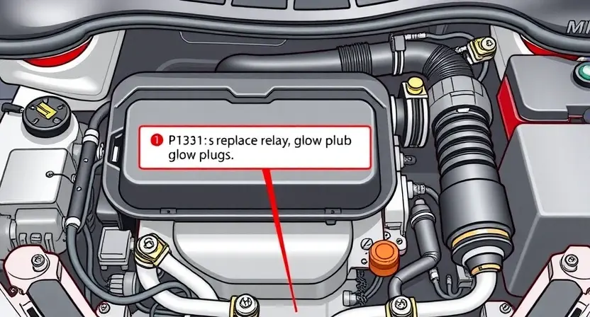 A high-quality technical illustration showing a diesel engine compartment of a Peugeot or Citroën vehicle with a highlighted P1351 error code, a replaced relay and glow plugs, clean and detailed, no text or numbers on the image