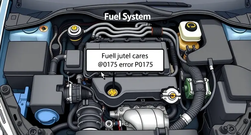 A detailed illustration of a car's engine bay with various components clearly visible. Focus on the fuel system, specifically the fuel injector and fuel lines, highlighting the P0175 error code indicator. The engine should be in a slightly angled perspective, showing both the top and side views.