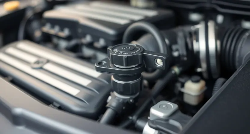 A close-up shot of a car's engine bay, focusing on the mass airflow sensor. The sensor should be clearly visible, with surrounding engine components blurred in the background. The overall lighting should be bright and clean, highlighting the sensor's details.