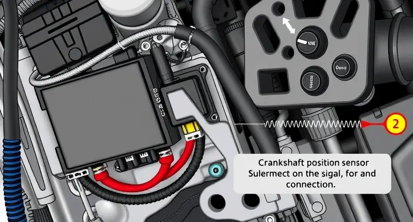A detailed illustration of an engine control unit (ECU) with various sensors and wiring. Focus on the crankshaft position sensor and its connection to the ECU. Include visual representations of the intermittent signal issue, such as a fluctuating line or a broken connection. The background should be a clean, technical environment.