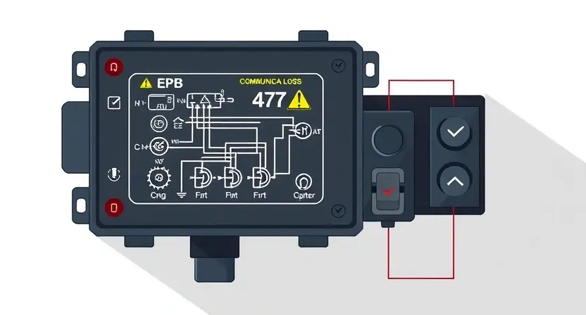 A high-quality technical illustration showing an automotive electronic control module with a warning indicator for EPB (Electronic Parking Brake) system communication loss, featuring circuit diagrams, warning lights, and technical components in a clean, professional style