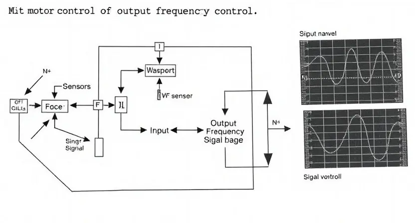 A detailed schematic diagram of a motor control system, focusing on the signal processing and output frequency control components. Include visual representations of sensors, signal conditioners, and the output waveform. The diagram should clearly illustrate the flow of signals and the relationship between input and output frequency.