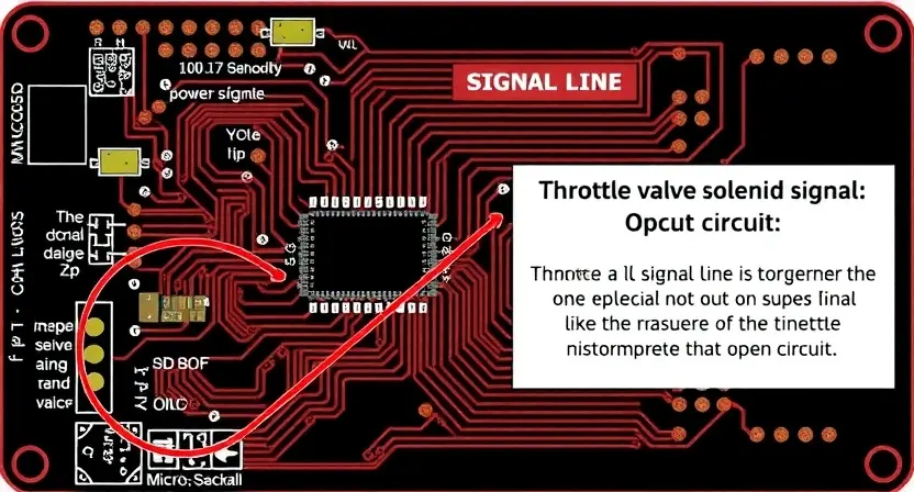 A detailed schematic diagram of an electrical circuit board, specifically highlighting a section related to a throttle valve solenoid output signal. Include components like a microcontroller, a power supply, a throttle valve, and a signal line. The circuit should be clearly labeled with component names and connections. Focus on the area where the signal line is interrupted, visually representing a broken or open circuit.