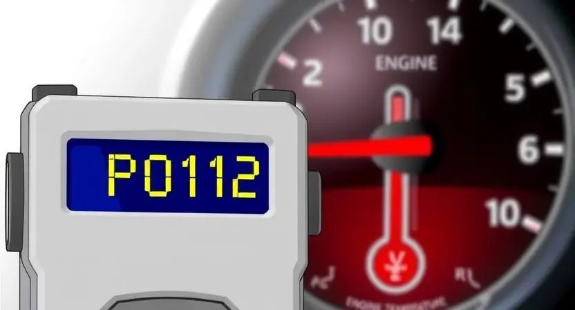 A detailed illustration of an engine control unit (ECU) displaying a P0112 error code, with a thermometer showing elevated engine temperature in the background. Focus on the digital display of the ECU and the visual representation of the temperature gauge.