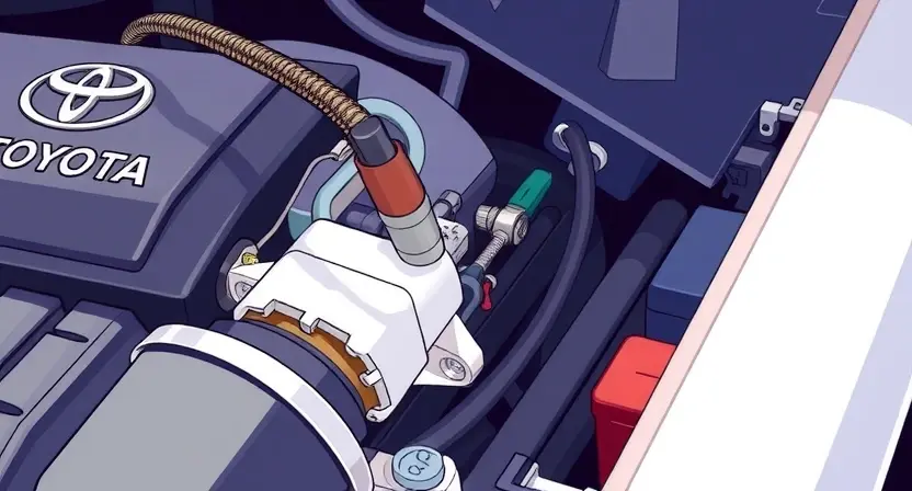 A close-up, detailed illustration of a Toyota engine bay, focusing on the oxygen sensor (O2 sensor) and its wiring. The sensor should be clearly visible, along with surrounding engine components like hoses and wires. The overall lighting should be bright and clean, emphasizing the technical aspects of the engine. The image should convey a sense of precision and automotive repair.