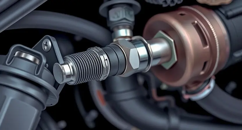 A close-up, detailed illustration of an oxygen sensor in a car's exhaust system. The sensor should be clearly visible, with surrounding engine components subtly in the background. Focus on the sensor's physical structure and connections. The image should convey a sense of automotive technology and diagnostics.