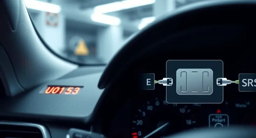 A modern car dashboard with a warning light indicating 'U0153' and a symbolic representation of the SRS (Supplemental Restraint System) airbag module, showing a disconnected wire or broken communication link between the module and the vehicle's network, set in a clean, technical garage environment with soft ambient lighting, emphasizing diagnostic clarity and preventive maintenance