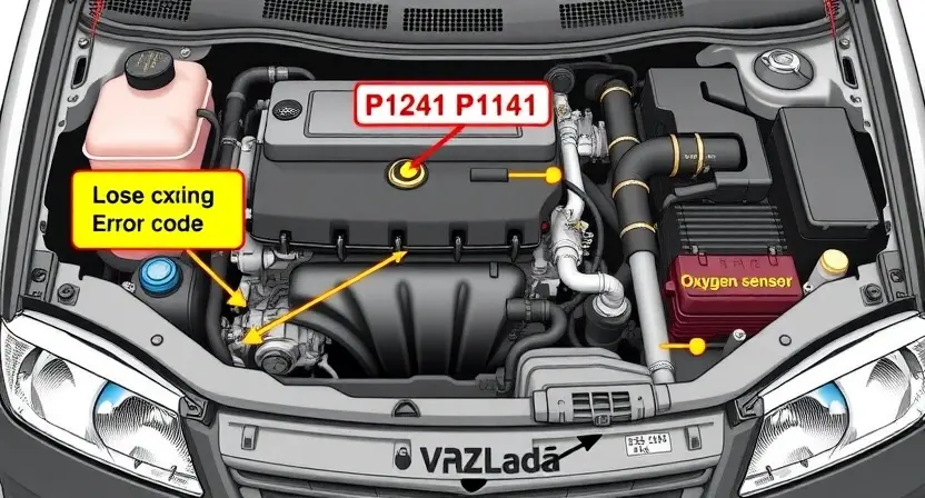 A detailed illustration of a VAZ/Lada car engine bay, highlighting the area related to the P1141 error code. Include visual cues representing the potential causes of the error, such as a loose or damaged oxygen sensor, a faulty catalytic converter, or a problem with the engine control unit. Focus on clarity and technical accuracy.