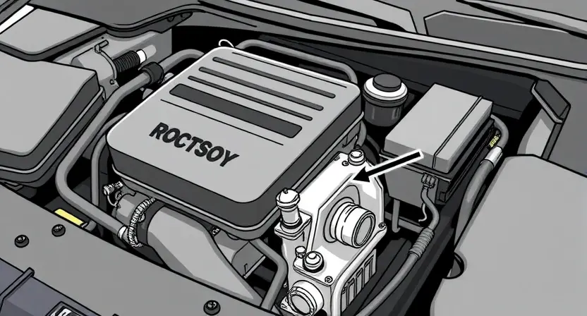 A detailed illustration of a car engine bay, focusing on the intake manifold and throttle body. The throttle body should be clearly visible, with an arrow pointing to it indicating the location of the valve. The overall scene should convey a sense of mechanical precision and cleanliness, representing regular car maintenance. The engine should be modern and well-maintained.