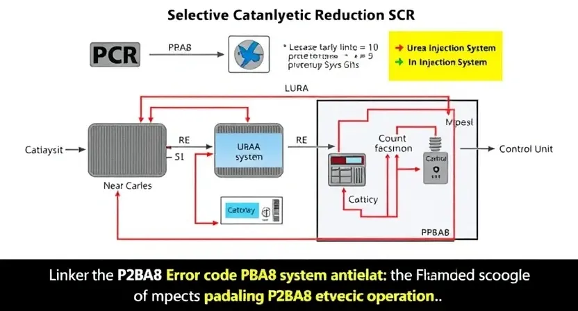 A detailed schematic diagram of a Selective Catalytic Reduction (SCR) system, highlighting the P2BA8 error code and its potential impact on the system's operation. Include visual representations of the key components like the catalyst, urea injection system, and control unit.