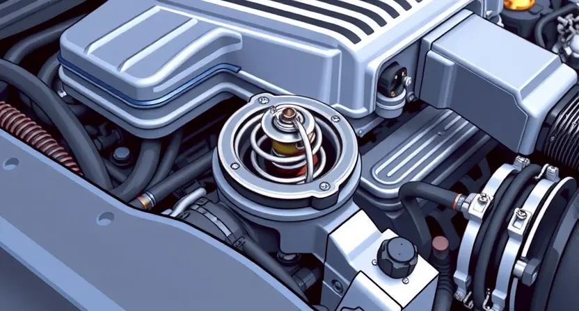 A close-up, detailed illustration of a car engine with a focus on the thermostat housing. The thermostat is clearly visible, and surrounding engine components are subtly rendered to provide context. The overall lighting should be bright and even, highlighting the mechanical details. The image should convey a sense of precision and technical accuracy.