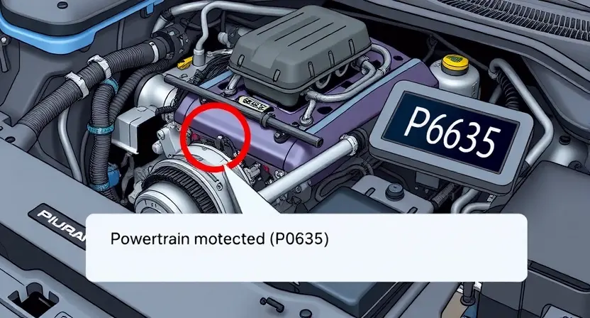 A detailed illustration of a car engine with a diagnostic code P0635 highlighted. The engine should be realistically rendered, showing various components like the crankshaft, camshaft, and sensors. The code P0635 should be clearly displayed on a digital display near the engine, with accompanying visual cues indicating a potential issue with the vehicle's powertrain control system.