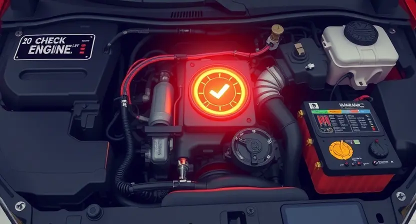 A detailed illustration of an automotive engine bay with a check engine light illuminated. Focus on the engine components, wiring, and diagnostic tools. The image should convey a sense of technical complexity and potential malfunction.