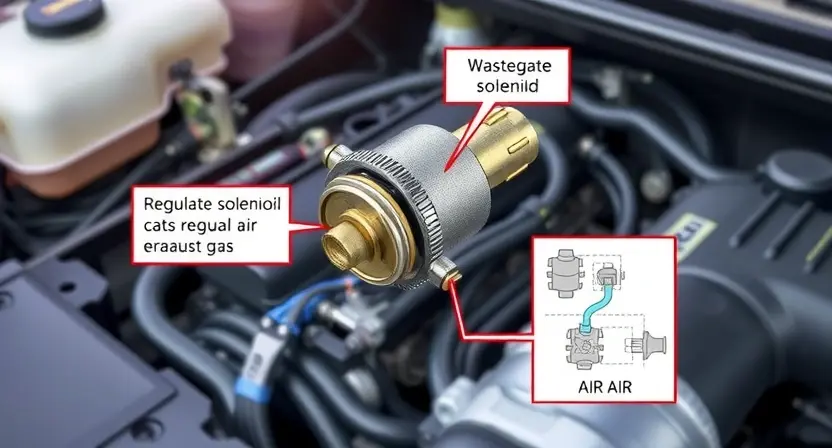 A detailed illustration of a vehicle's engine bay, focusing on the wastegate solenoid. The solenoid should be clearly visible, with labels indicating its function and connection points. Include diagrams showing the flow of air and the solenoid's role in regulating exhaust gas pressure. The background should be slightly blurred to emphasize the solenoid.