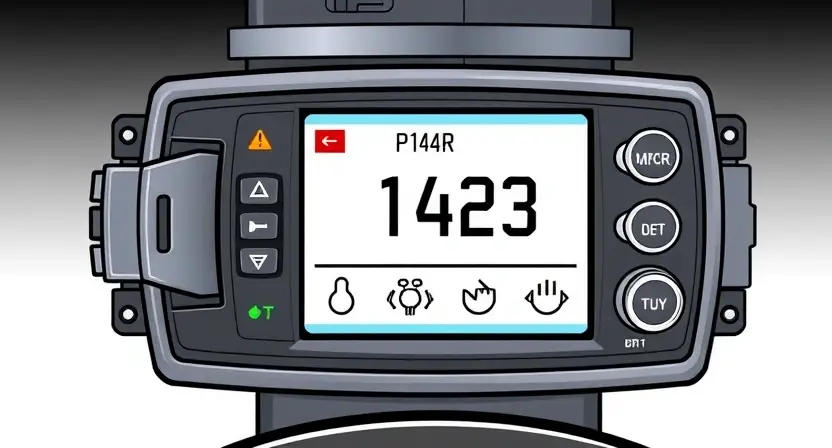 A detailed technical illustration of a car engine control module displaying a diagnostic error code P1423 on a digital screen, with symbols of a malfunctioning fuel system and warning lights, clean background, high quality