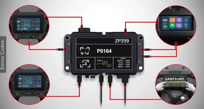 A detailed illustration of an automotive engine control unit (ECU) with wiring diagrams and diagnostic tools surrounding it. Focus on the P0164 error code indicator and its associated components.