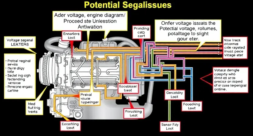 A detailed schematic diagram of an automotive engine's signal chain, highlighting potential voltage issues. Include visual representations of sensors, actuators, and wiring. Focus on the areas where voltage fluctuations might occur.
