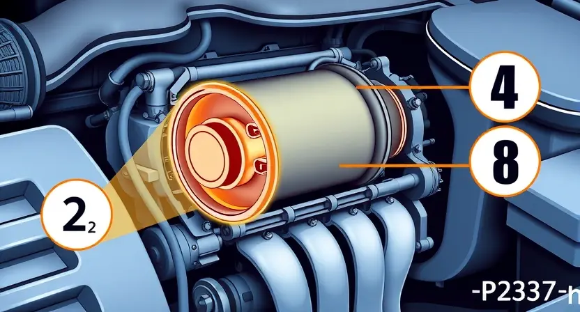 A high-quality technical illustration showing a car engine with a highlighted cylinder #2, visualizing detonation effects, with clear symbols of error code P2337, stylized in the predefined style HQ-832-448-h, no text or numbers on the image