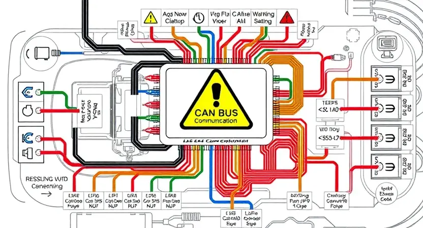 A detailed technical illustration showing a vehicle's CAN bus network with a warning sign indicating loss of communication, including symbols like disconnected wires, error codes, and diagnostic tools, rendered in a clean, high-quality technical diagram style