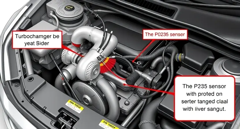 A detailed illustration of a car engine bay, focusing on the turbocharger and associated sensors. The image should clearly depict the turbocharger, the position of the P0236 sensor, and a visual representation of the sensor signal output. Include wiring diagrams and labels for clarity.