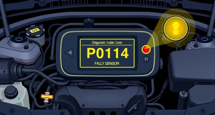 A detailed illustration of a car's engine bay with a check engine light illuminated. Focus on the diagnostic trouble code (P0114) displayed on a dashboard screen. Include visual cues representing the issue, such as a faulty sensor or a specific component.
