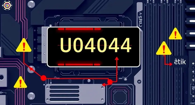 A high-quality technical illustration showing a computer motherboard with a highlighted error code U0404 displayed on a diagnostic screen, surrounded by subtle warning symbols like exclamation marks and error icons, clean and professional visual style