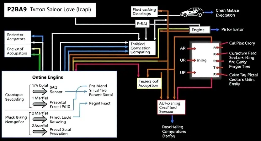 A detailed schematic diagram illustrating the P2BA9 error code in a car engine system. Include visual representations of relevant components like sensors, actuators, and wiring. The diagram should clearly show the error's potential causes and possible troubleshooting steps.