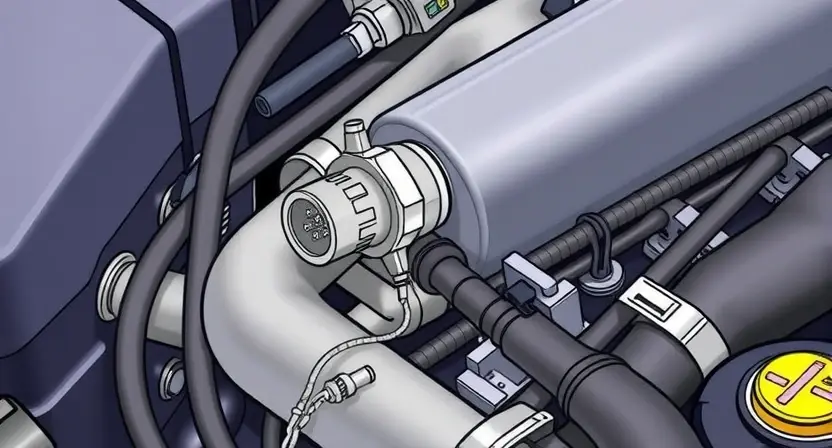 A close-up, detailed illustration of an engine bay with a focus on the intake manifold and the IAT (Intake Air Temperature) sensor. The sensor should be clearly visible, with surrounding hoses and wiring. The overall scene should convey a sense of automotive mechanics and diagnostics.