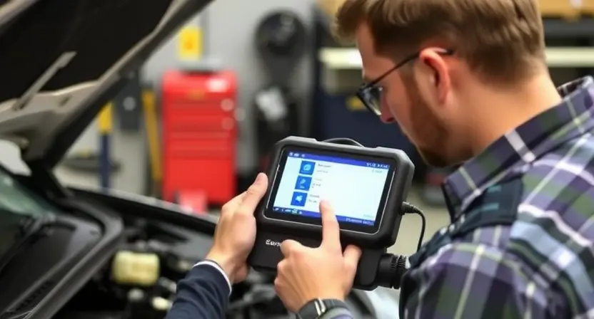 A mechanic using a diagnostic scanner to check a car's EVAP system. The car's hood is open, and the mechanic is focused on the scanner's display. The background shows a garage setting with tools and equipment. Focus on the scanner interface and the connection to the car's diagnostic port.