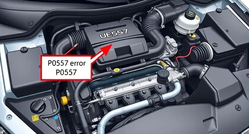A detailed illustration of a car engine bay, focusing on the area where the P0557 error code might be related to. Include visual representations of hoses, sensors, and components that could be affected by the code. The image should be clean and well-lit, showcasing the complexity of the engine.