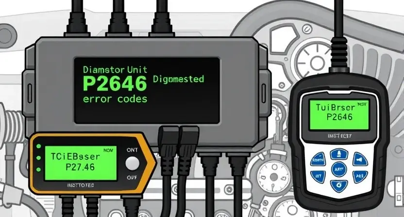 A detailed illustration of an engine control unit (ECU) with diagnostic tools connected, highlighting the P2646 error code display. The background should be a clean, technical environment.