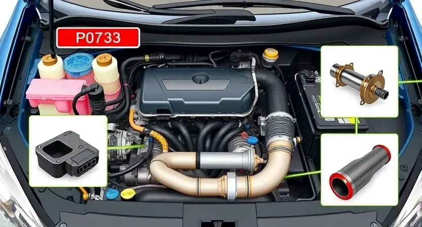A detailed illustration of a car's engine bay, focusing on the catalytic converter and exhaust system. The image should clearly show the P0733 error code light illuminated on the dashboard. Include visual representations of potential causes like a faulty oxygen sensor or a clogged catalytic converter.