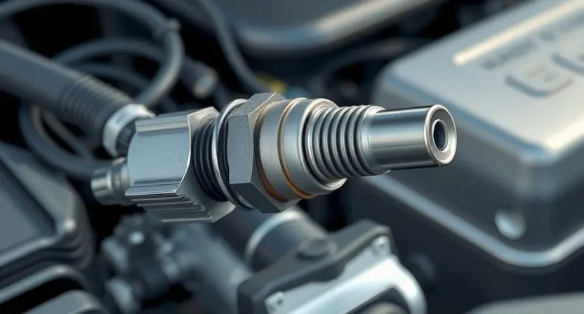 A close-up, detailed illustration of an oxygen sensor in a car engine. The sensor should be clearly visible, with surrounding engine components subtly in focus. Focus on the sensor's physical structure and connections. The background should be a blurred engine bay environment.