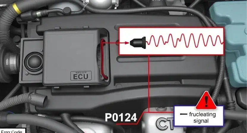 A detailed illustration of an engine control unit (ECU) with a wiring diagram highlighting the throttle position sensor (TPS) and its connection to the ECU. The image should clearly show the sensor and the associated wiring, with visual cues indicating a fluctuating signal. Include a schematic representation of the P0124 error code and its potential causes.