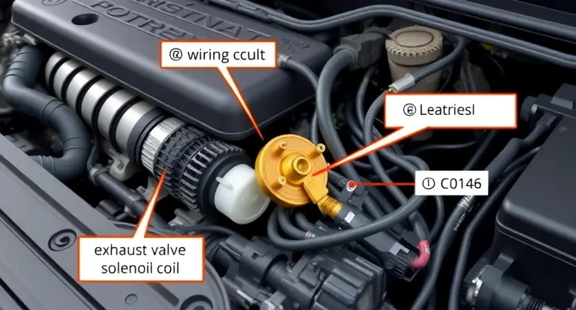A high-quality technical illustration showing a car engine with a highlighted exhaust valve solenoid coil and wiring harness, emphasizing the electrical circuit fault C0146, with clear labels and diagnostic symbols, clean background, professional automotive repair style