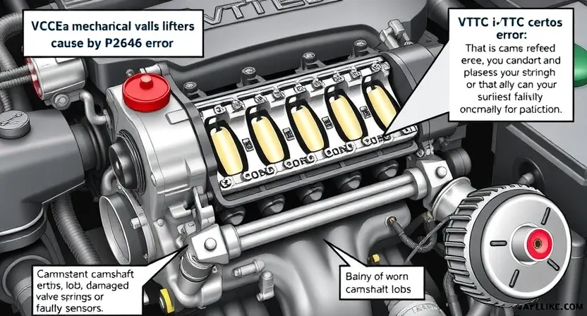 A detailed illustration of a car engine with a focus on the VTEC/i-VTEC system. Show the camshaft, valve lifters, and the VTEC control unit. Highlight the potential mechanical issues that could cause a P2646 error, such as worn camshaft lobes, damaged valve springs, or faulty sensors. Use realistic textures and lighting to depict the engine components.