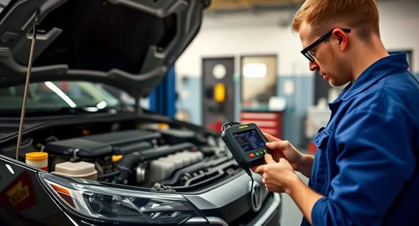 A mechanic is using a diagnostic tool to check the engine of a car. The car is lifted on a hydraulic lift, and the engine compartment is open. The mechanic is focused on the engine control unit (ECU). The background shows a well-lit auto repair shop with tools and equipment neatly organized. Focus on the engine and the diagnostic process.