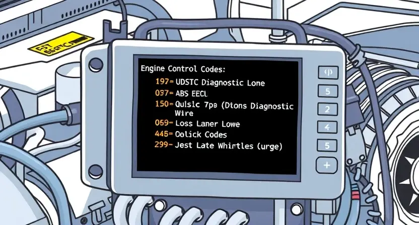 A detailed illustration of an engine control unit (ECU) with diagnostic codes displayed on a screen. Wires and sensors connected to the ECU are visible. The background should be a clean, technical environment.