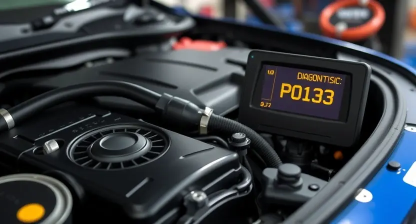 A close-up, detailed illustration of a car engine with a diagnostic screen displaying "P0123" error code. Focus on the engine components and the screen. The background should be blurred, suggesting a mechanic's workshop.