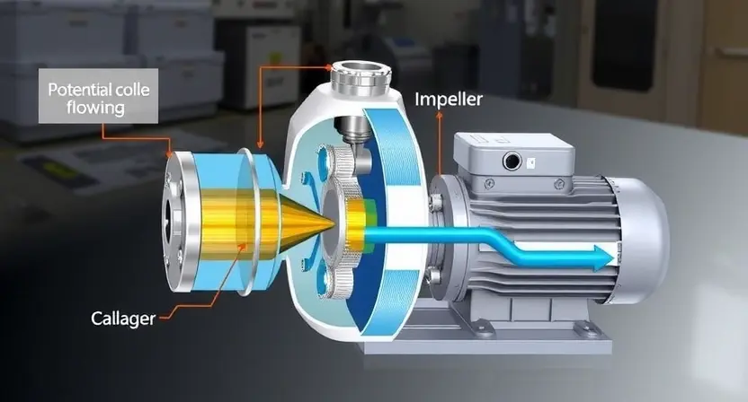 A detailed illustration of an inverter cooling pump with a focus on the internal components. Show the pump housing, impeller, motor, and coolant flow path. Include visual cues indicating potential issues like leaks or blockages. The background should be a clean, technical environment.