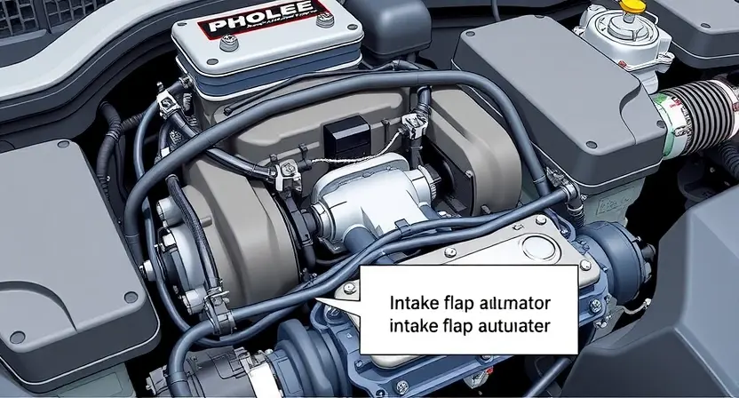 A detailed illustration of an engine bay with a clear focus on the intake flap actuator. The actuator should be highlighted, showing its mechanical components and connection points. Include surrounding engine parts for context, but keep the focus on the actuator itself. The image should convey a sense of technical precision and clarity.