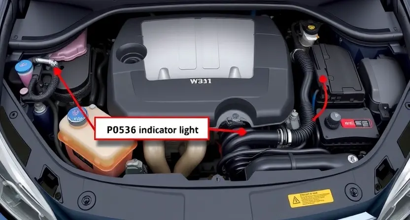 A detailed illustration of a car's engine bay, highlighting the P0536 error code indicator light and associated wiring. Focus on clarity and technical accuracy.