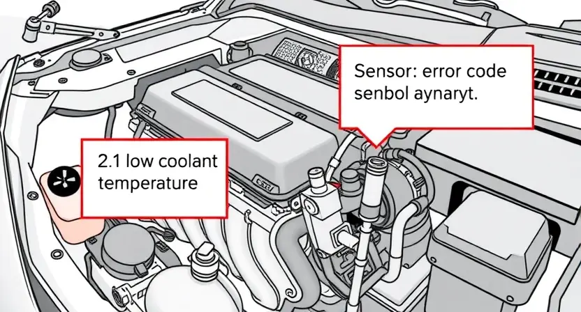A detailed illustration of a car engine with a highlighted sensor or component related to the P0113 error code (low coolant temperature). The engine should be clean and well-lit, showcasing its internal parts. Focus on the area where the error might originate.