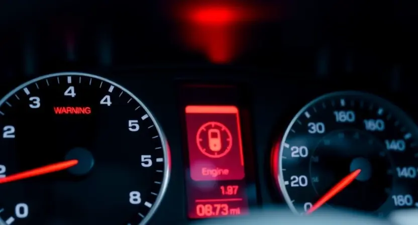 A close-up shot of a car's dashboard displaying a warning light related to engine performance. The background should show a slightly blurred view of the car's interior, focusing on the instrument cluster. The overall lighting should be realistic and highlight the warning light.