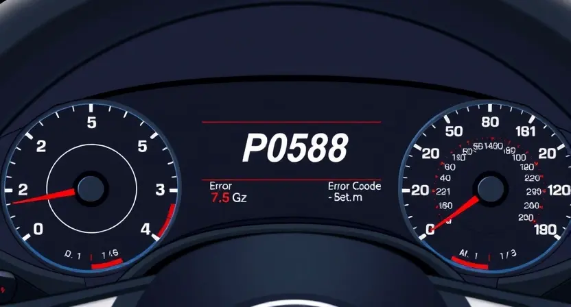 A detailed illustration of a car dashboard with a cruise control display showing the error code P0588. The dashboard should be brightly lit, and the focus should be on the display and the surrounding instruments.