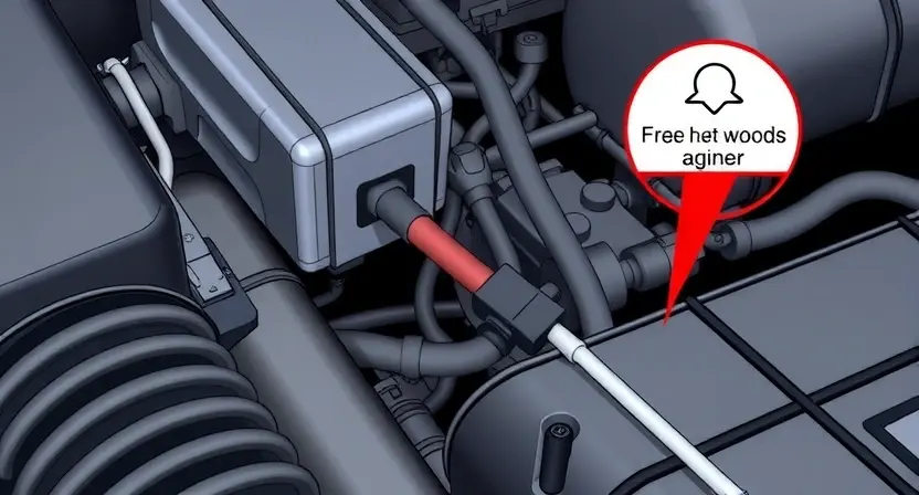 A close-up, detailed illustration of an engine bay with a focus on the Intake Air Temperature (IAT) sensor and its associated wiring. The sensor should be clearly visible, along with the wiring harness connecting it to the engine control unit (ECU). Include a visual representation of the air intake path leading to the sensor. The overall scene should convey a sense of automotive diagnostics and technical inspection.