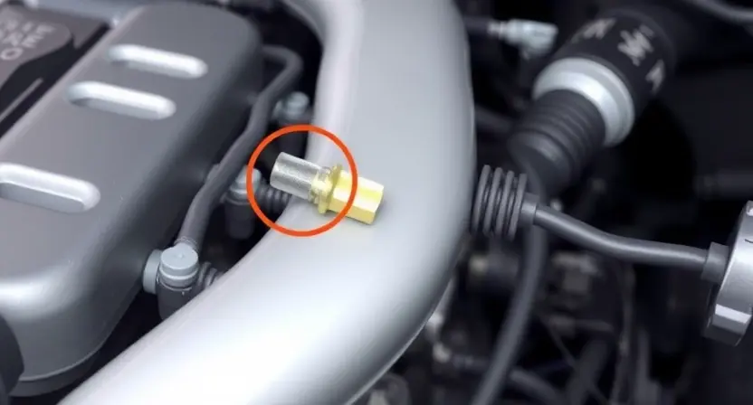 A close-up, detailed illustration of a car engine with a focus on the coolant temperature sensor and associated wiring. The engine should appear clean and well-maintained. Subtle visual cues indicating a temperature issue (e.g., a slightly warmer color tone around the sensor) can be included. The background should be blurred, suggesting a garage or workshop environment.