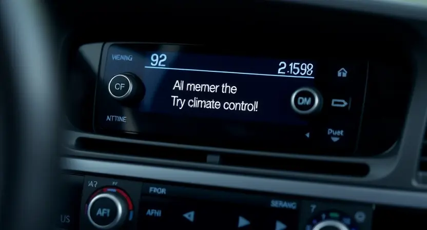 A close-up shot of a car's dashboard, focusing on the climate control display. The display should show a warning message or an error code related to the climate control system. The overall lighting should be realistic and highlight the details of the dashboard and display.
