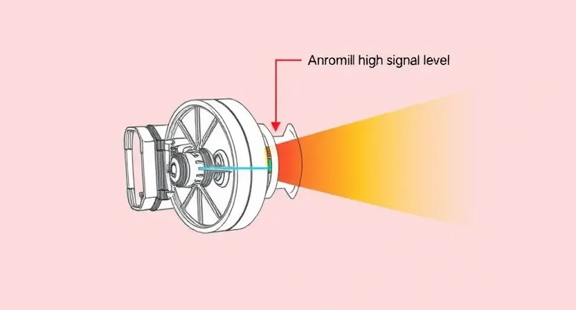A detailed illustration of a sensor, possibly a radar or ultrasonic sensor, with a visual representation of a high signal level. The sensor should be depicted in a technical drawing style, highlighting the internal components and signal pathways. A visual indicator showing an abnormally high signal strength should be included, perhaps with a color gradient or a graphical overlay. The background should be a clean, neutral color to emphasize the sensor itself.