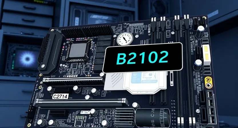 A detailed illustration of a computer motherboard with a highlighted error code B2102. The motherboard should be visually complex, showing various components like CPU, RAM, and capacitors. The error code should be clearly displayed on a small screen or label near the motherboard. The background should be a dark, slightly blurred computer room environment.